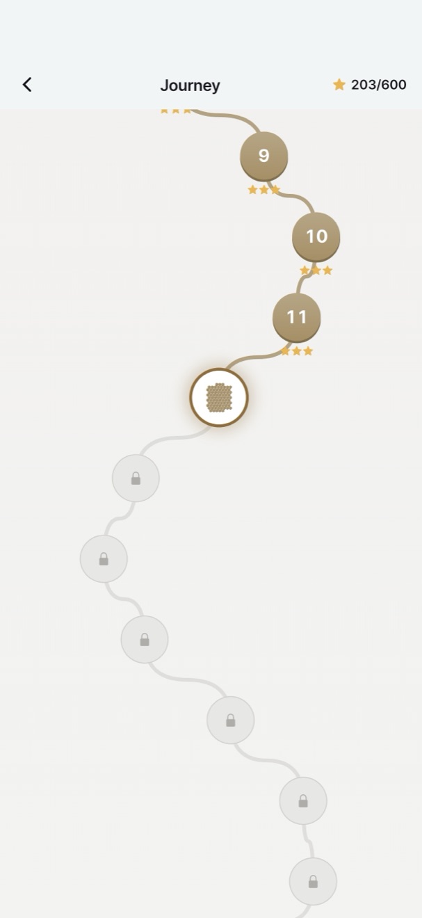 The journey map. Level circles line a winding path, with stars under the ones cleared. The next board to play glows; the ones after it are locked.